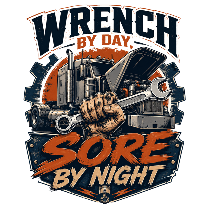 Wrench by day, sore by night — mechanic t-shirt design by Bazzai Studio