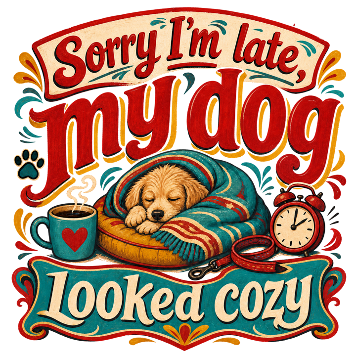 Sorry I'm late, my dog looked cozy — dog mom life t-shirt design by Bazzai Studio