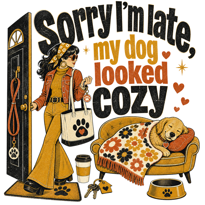 Sorry I'm late, my dog looked cozy — dogmom t-shirt design by Bazzai Studio