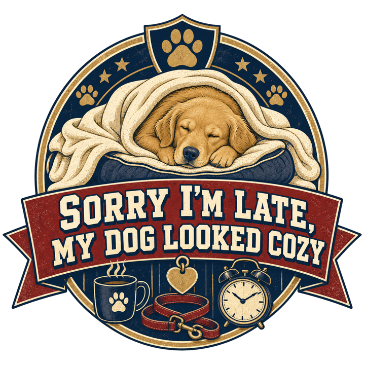 Sorry I'm late, my dog looked cozy — dog mom life t-shirt design by Bazzai Studio
