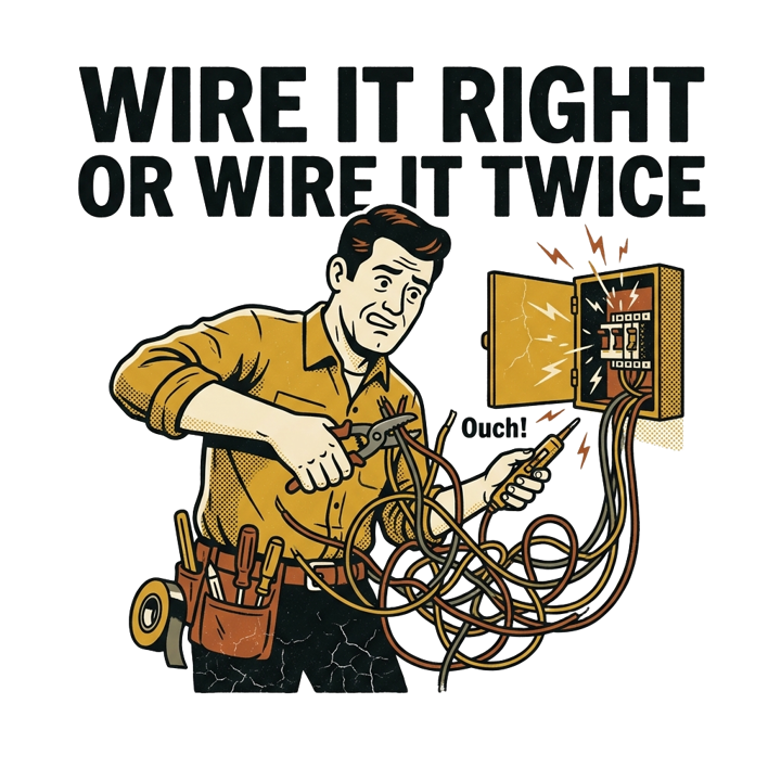 WIRE IT RIGHT OR WIRE IT TWICE — electrician t-shirt design by Bazzai Studio