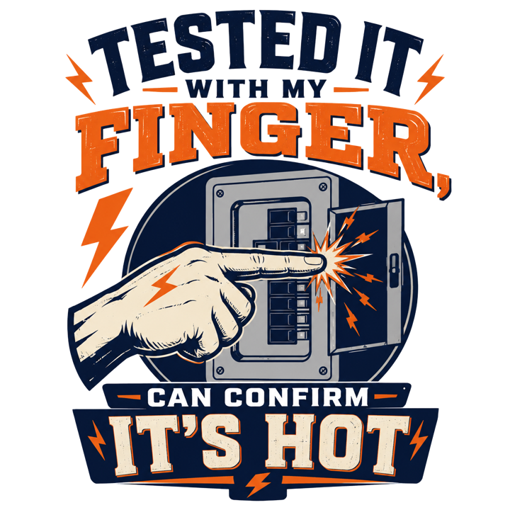Tested it with my finger, can confirm it's hot — electrician trade t-shirt design by Bazzai Studio