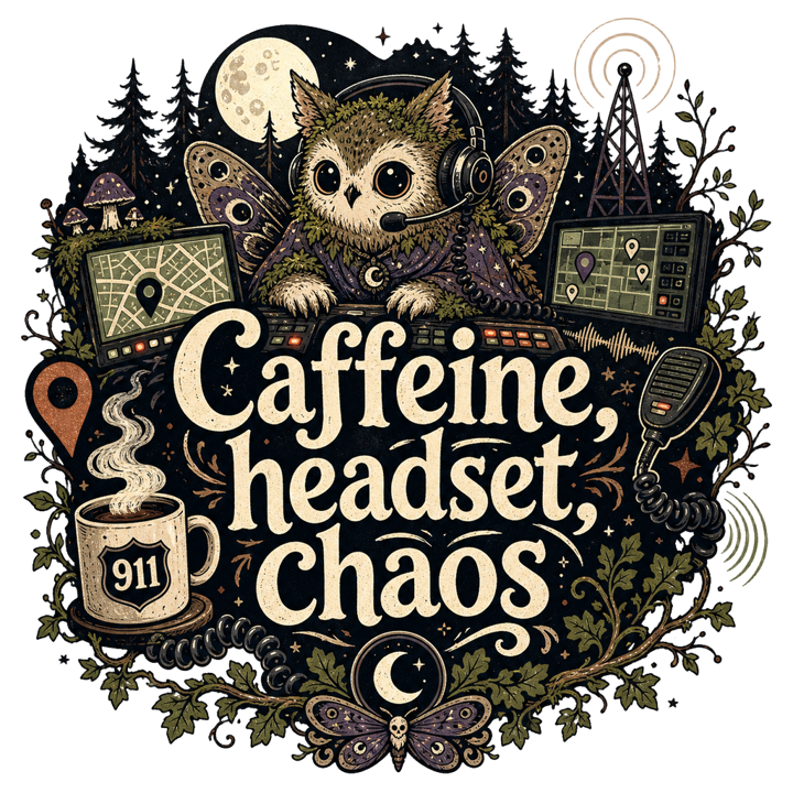 Caffeine, headset, chaos — emergency dispatcher humor t-shirt design by Bazzai Studio