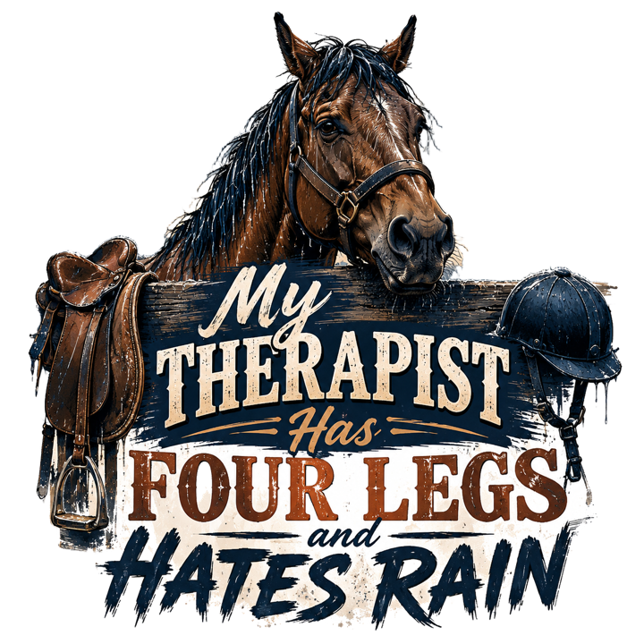 My Therapist Has Four Legs and Hates Rain — equestrian life t-shirt design by Bazzai Studio