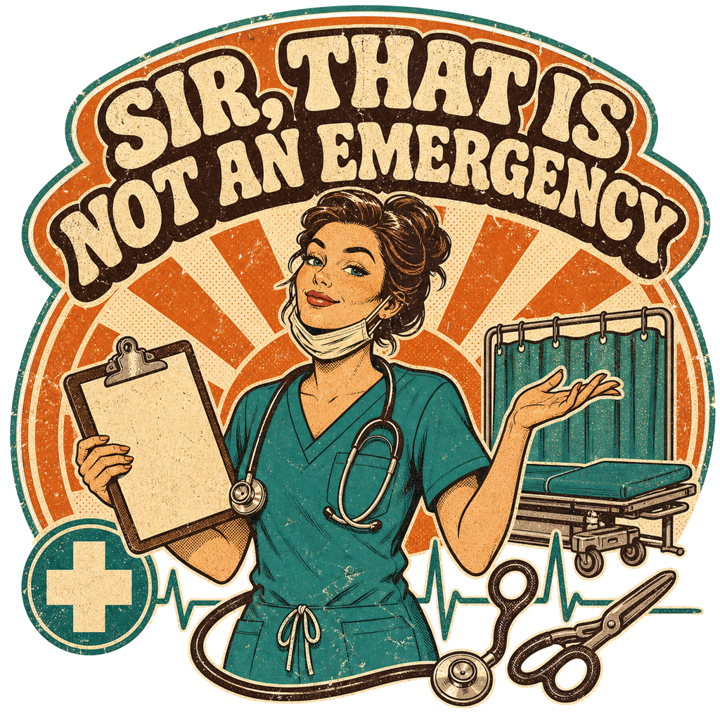 SIR, THAT IS NOT AN EMERGENCY — er nurse humor t-shirt design by Bazzai Studio