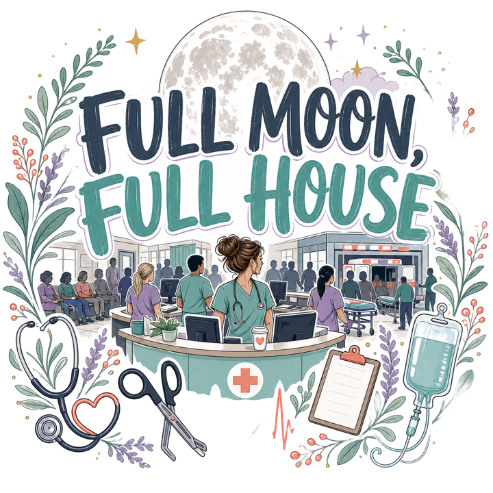 FULL MOON, FULL HOUSE — er nurse humor t-shirt design by Bazzai Studio