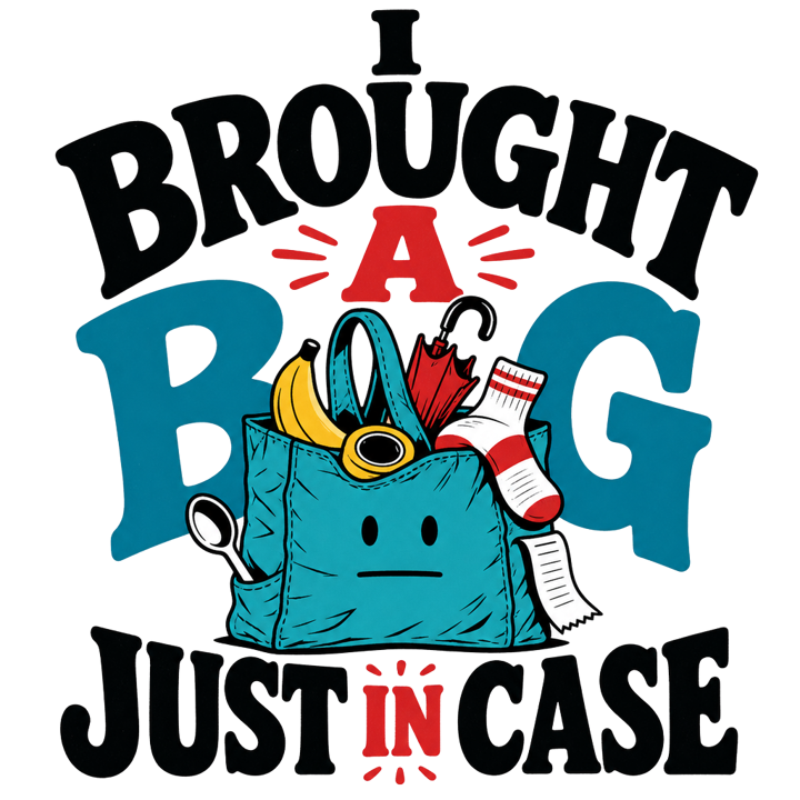 I BROUGHT A BAG JUST IN CASE — evergreen absurd humor t-shirt design by Bazzai Studio