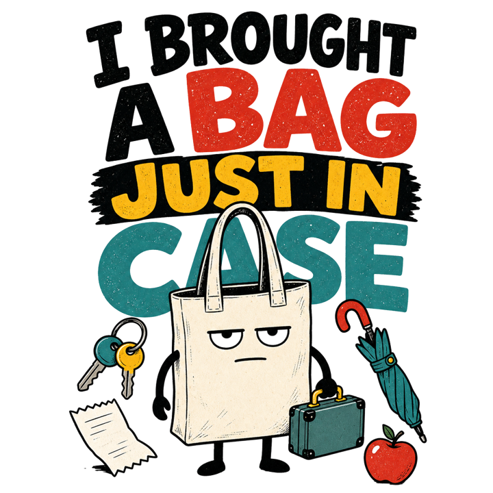 I BROUGHT A BAG JUST IN CASE — evergreen absurd humor t-shirt design by Bazzai Studio