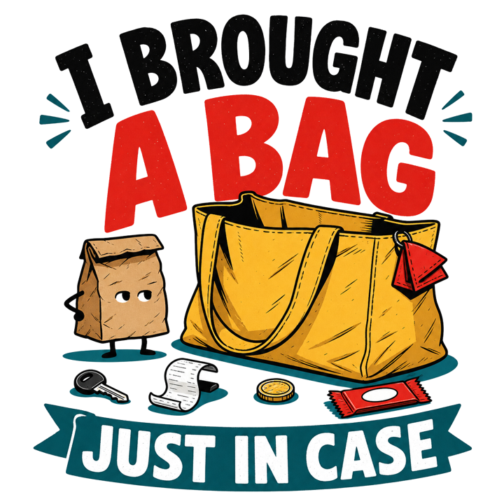 I BROUGHT A BAG JUST IN CASE — evergreen absurd humor t-shirt design by Bazzai Studio