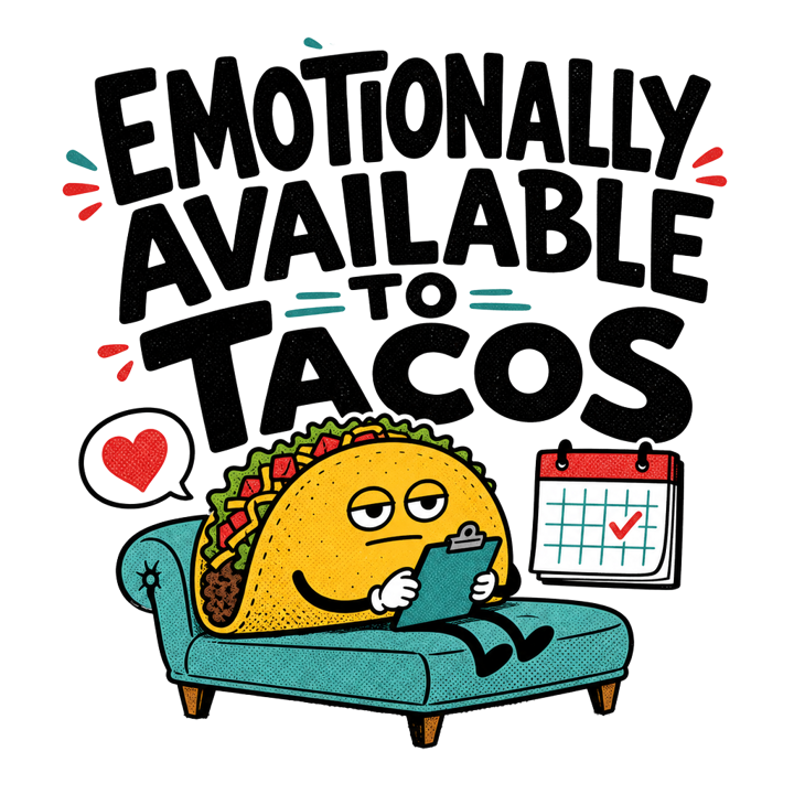 EMOTIONALLY AVAILABLE TO TACOS — evergreen absurd humor t-shirt design by Bazzai Studio