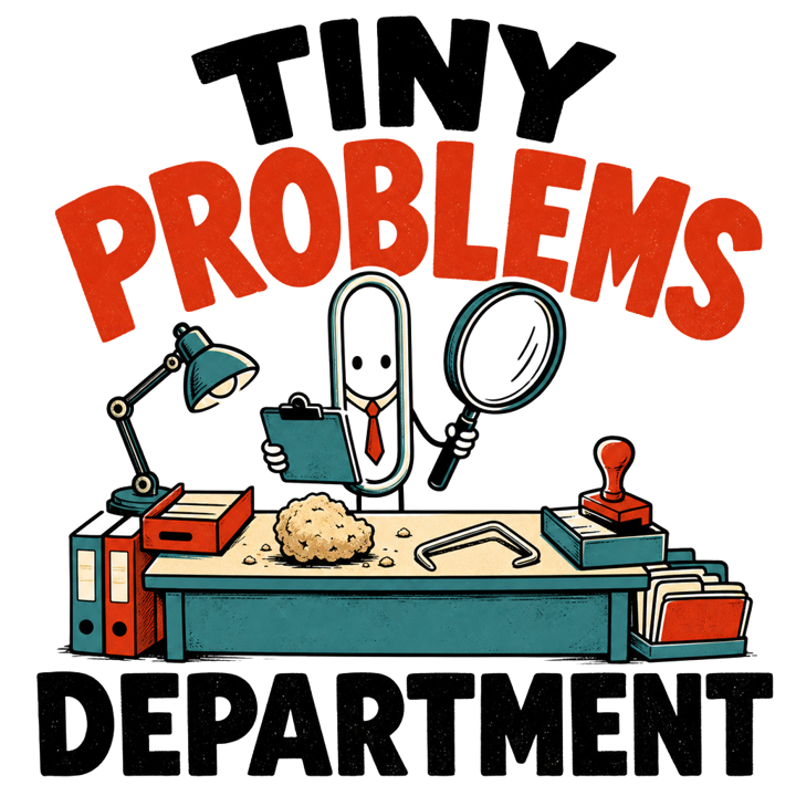 TINY PROBLEMS DEPARTMENT — evergreen absurd humor t-shirt design by Bazzai Studio