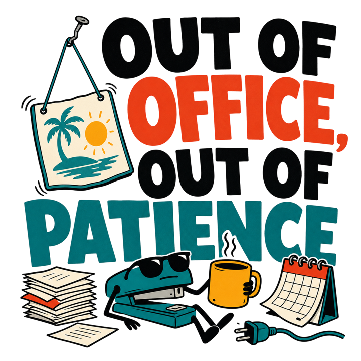 OUT OF OFFICE, OUT OF PATIENCE — evergreen absurd humor t-shirt design by Bazzai Studio