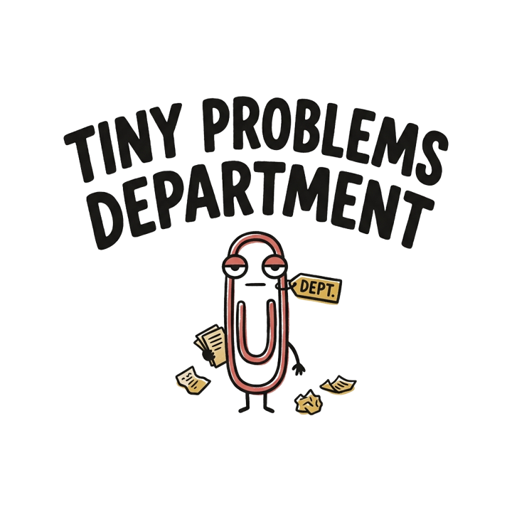TINY PROBLEMS DEPARTMENT — evergreen absurd humor t-shirt design by Bazzai Studio