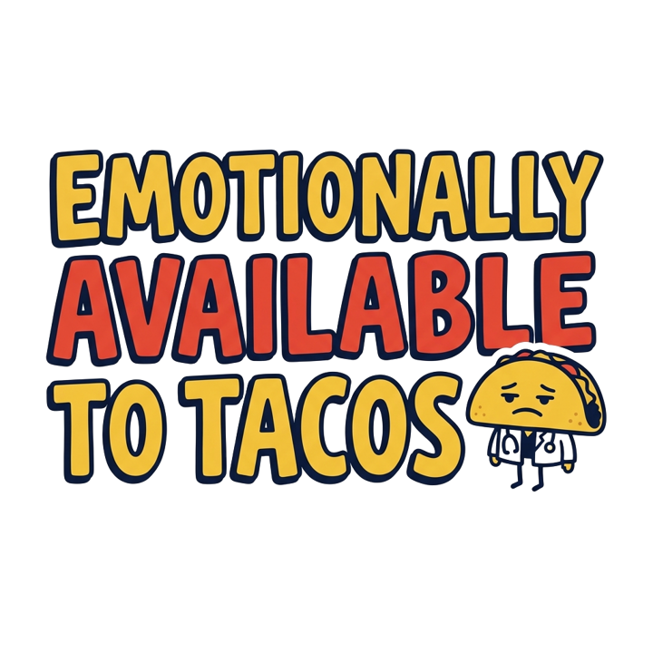 EMOTIONALLY AVAILABLE TO TACOS — evergreen absurd humor t-shirt design by Bazzai Studio