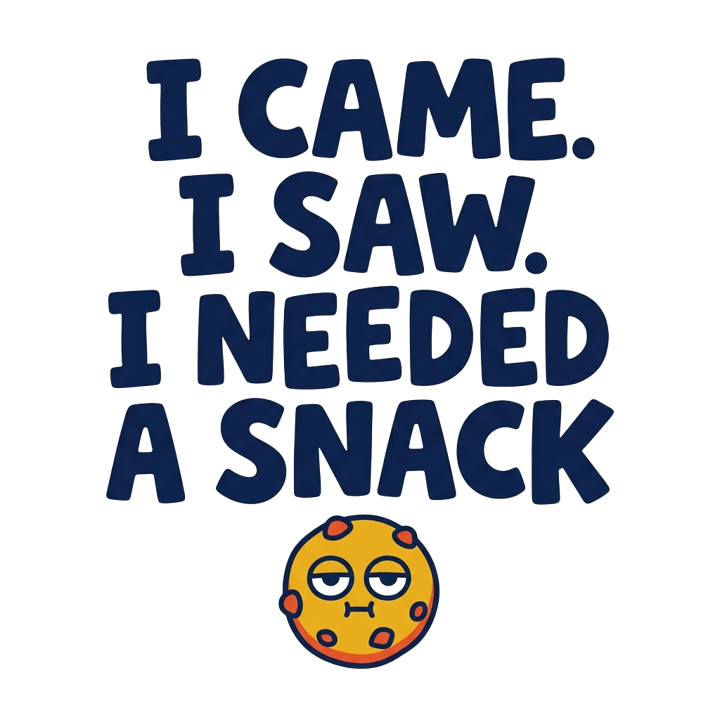 I CAME. I SAW. I NEEDED A SNACK — evergreen absurd humor t-shirt design by Bazzai Studio