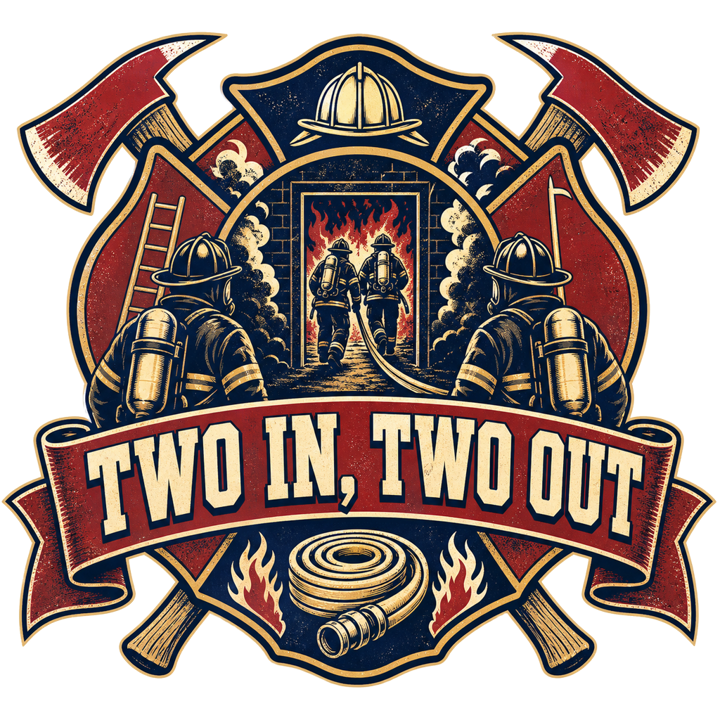 TWO IN, TWO OUT — firefighter t-shirt design by Bazzai Studio