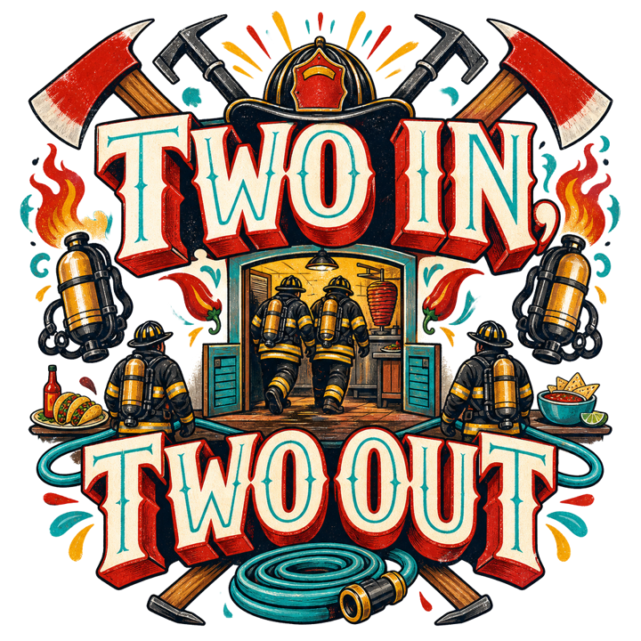 TWO IN, TWO OUT — firefighter t-shirt design by Bazzai Studio