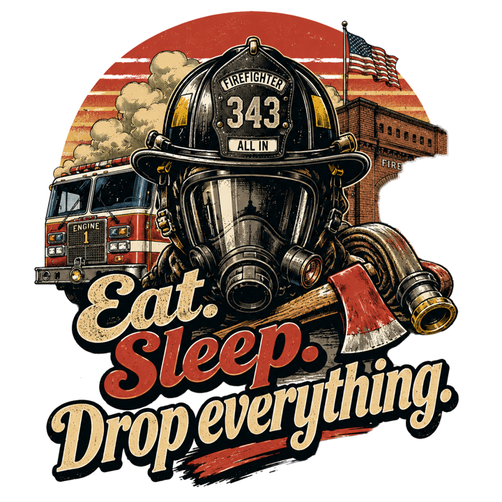 Eat. Sleep. Drop everything. — firefighter humor t-shirt design by Bazzai Studio