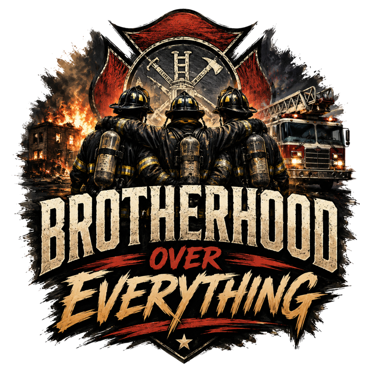 Brotherhood over everything — firefighter humor t-shirt design by Bazzai Studio