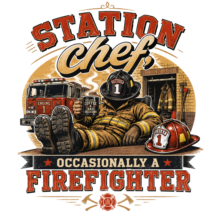 Station chef, occasionally a firefighter — firefighter humor t-shirt design by Bazzai Studio