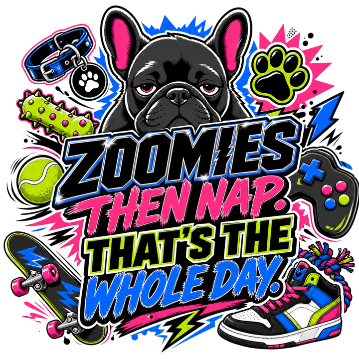 ZOOMIES THEN NAP. THAT'S THE WHOLE DAY. — frenchie t-shirt design by Bazzai Studio