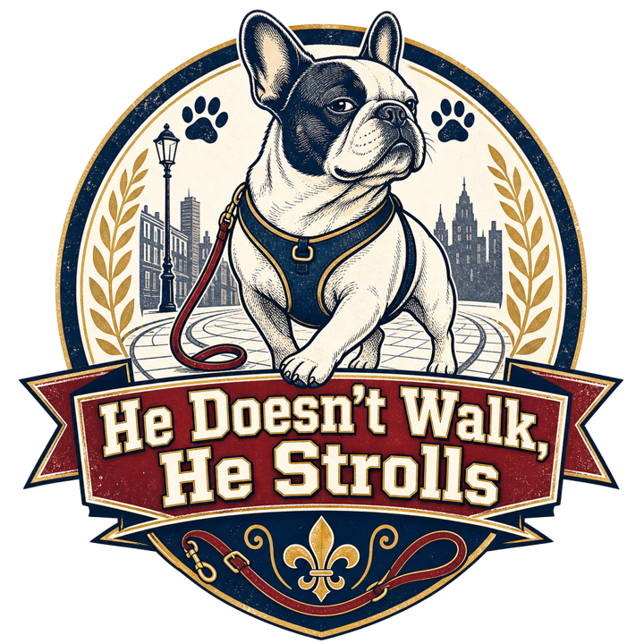 He Doesn't Walk, He Strolls — french bulldog owner t-shirt design by Bazzai Studio
