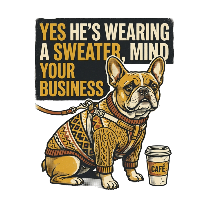 Yes He's Wearing a Sweater, Mind Your Business — frenchie t-shirt design by Bazzai Studio