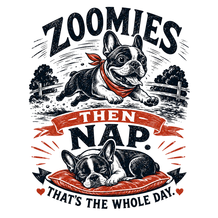 ZOOMIES THEN NAP. THAT'S THE WHOLE DAY. — french bulldog owner t-shirt design by Bazzai Studio