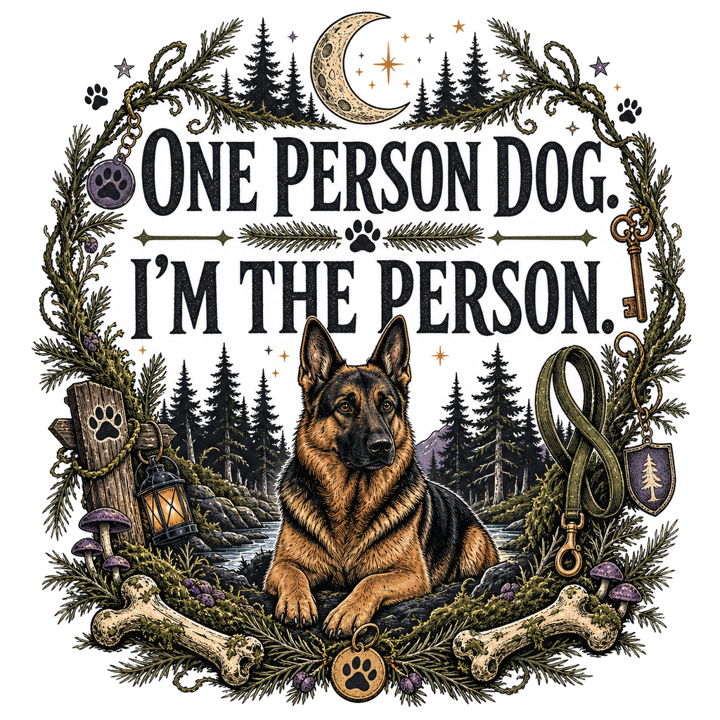 ONE PERSON DOG. I'M THE PERSON. — german shepherd owner t-shirt design by Bazzai Studio