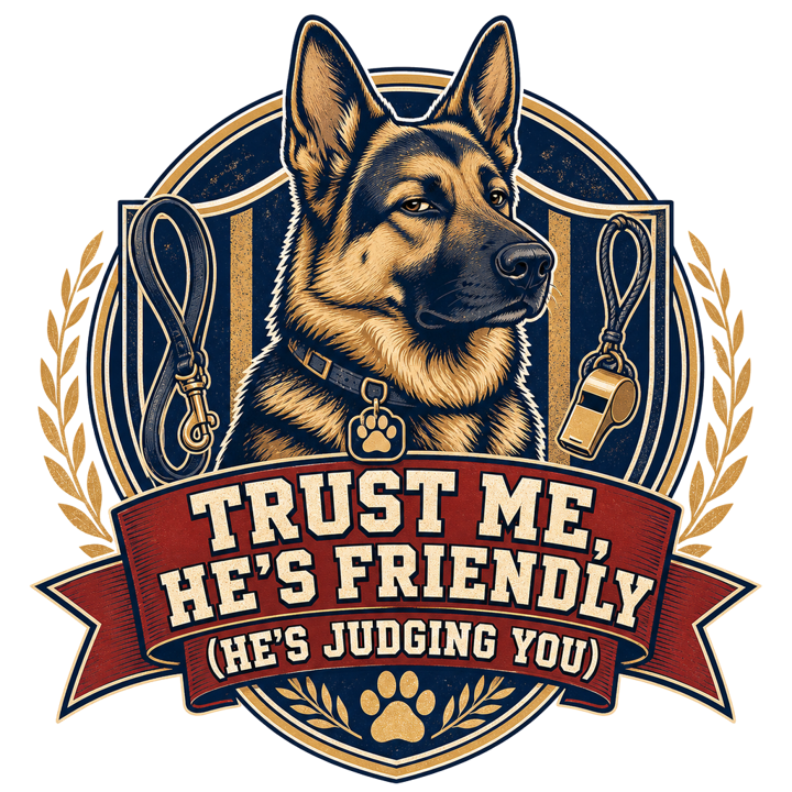 Trust Me, He's Friendly (He's Judging You) — germanshepherd t-shirt design by Bazzai Studio