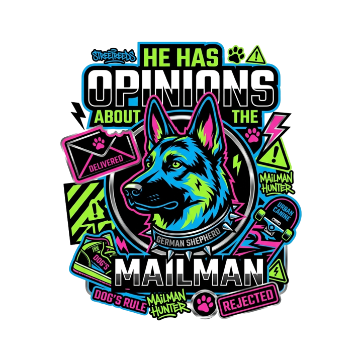 He Has Opinions About the Mailman — german shepherd owner t-shirt design by Bazzai Studio