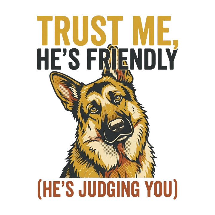 Trust Me, He's Friendly (He's Judging You) — german shepherd owner t-shirt design by Bazzai Studio