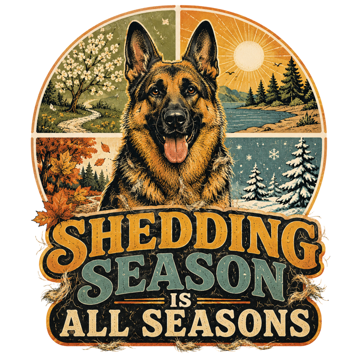 SHEDDING SEASON IS ALL SEASONS — german shepherd owner t-shirt design by Bazzai Studio