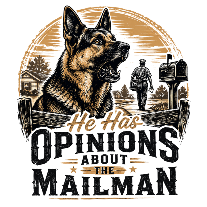 He Has Opinions About the Mailman — german shepherd owner t-shirt design by Bazzai Studio