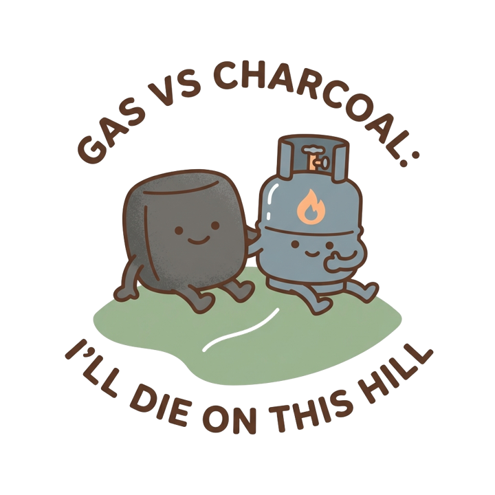 GAS VS CHARCOAL: I'LL DIE ON THIS HILL — grill dad bbq t-shirt design by Bazzai Studio