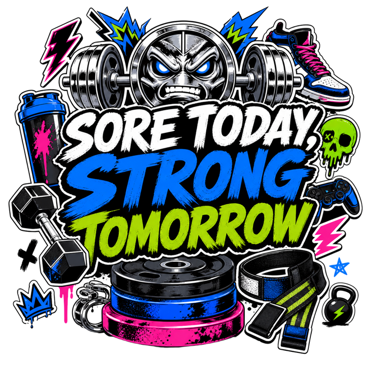 SORE TODAY, STRONG TOMORROW — gym lifting t-shirt design by Bazzai Studio