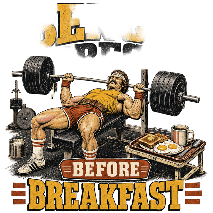 BENCH PRESS BEFORE BREAKFAST — gym lifting t-shirt design by Bazzai Studio
