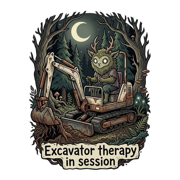 Excavator therapy in session — heavyequip t-shirt design by Bazzai Studio
