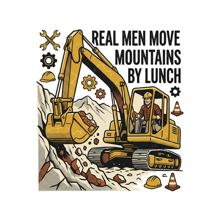 Real men move mountains by lunch — heavyequip t-shirt design by Bazzai Studio