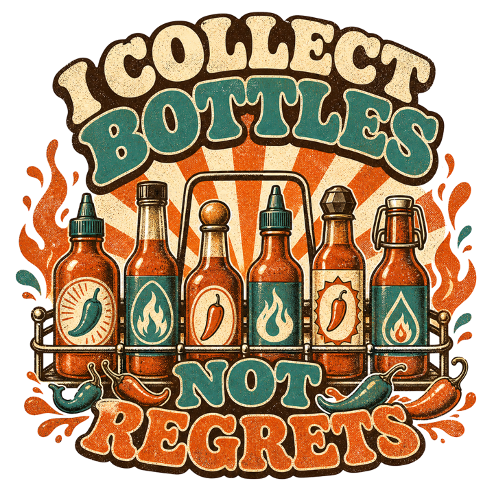 I COLLECT BOTTLES NOT REGRETS — hot sauce t-shirt design by Bazzai Studio