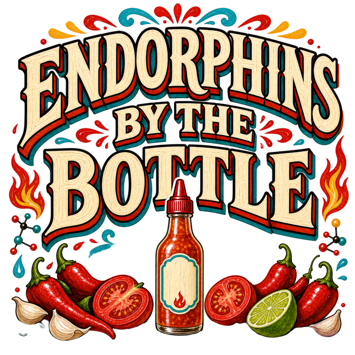 ENDORPHINS BY THE BOTTLE — hot sauce t-shirt design by Bazzai Studio