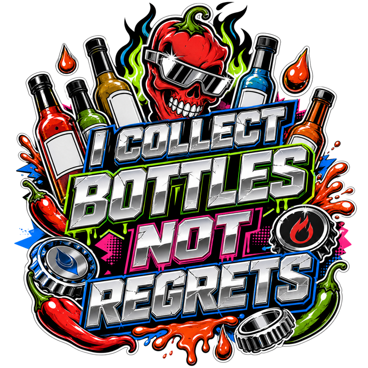 I COLLECT BOTTLES NOT REGRETS — hot sauce heads t-shirt design by Bazzai Studio