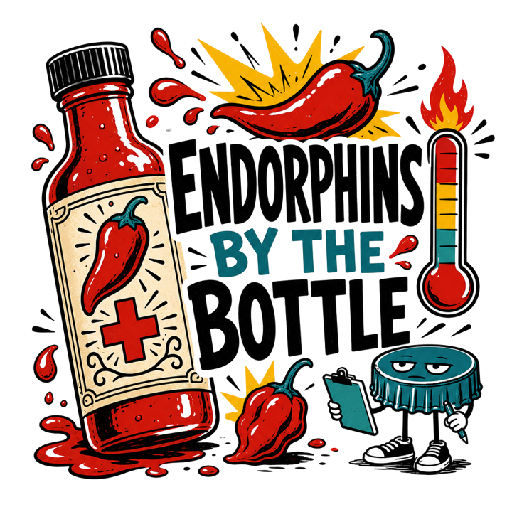 ENDORPHINS BY THE BOTTLE — hot sauce t-shirt design by Bazzai Studio