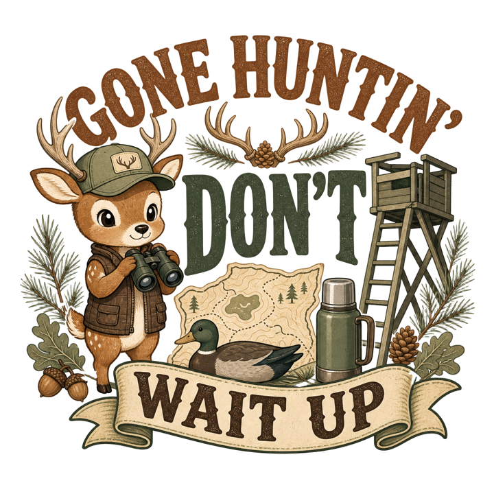 GONE HUNTIN' DON'T WAIT UP — hunter life t-shirt design by Bazzai Studio