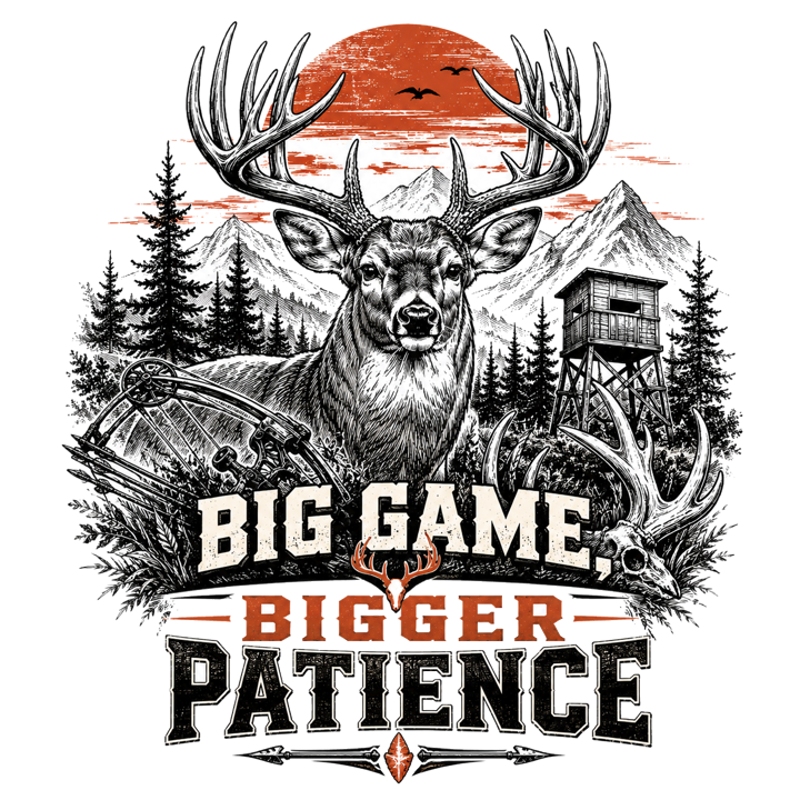 BIG GAME, BIGGER PATIENCE — hunter life t-shirt design by Bazzai Studio