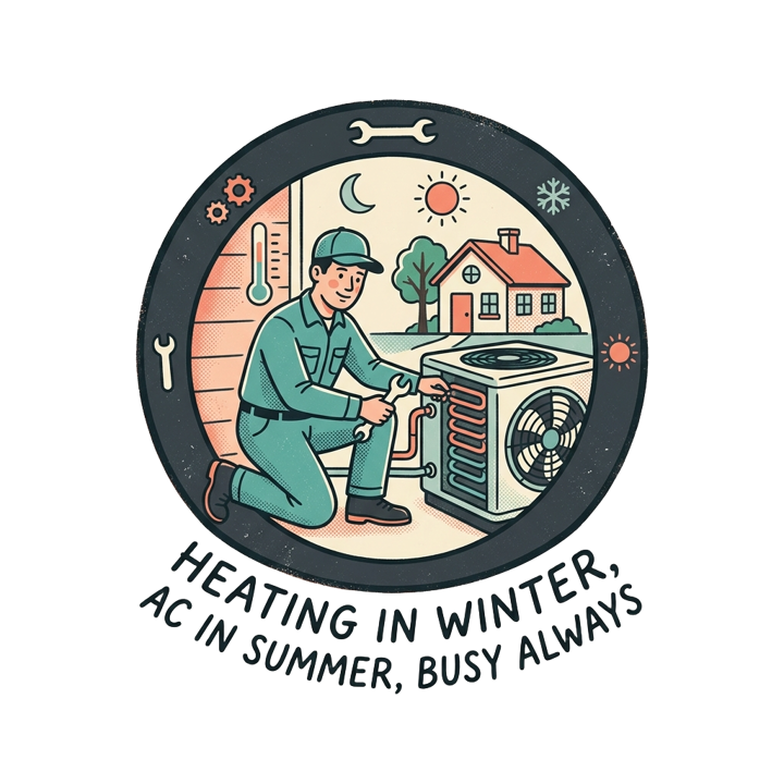 Heating in winter, AC in summer, busy always — hvactech t-shirt design by Bazzai Studio