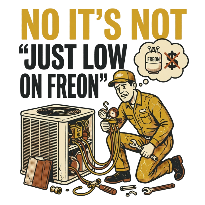 No it's not 'just low on freon' — hvactech t-shirt design by Bazzai Studio