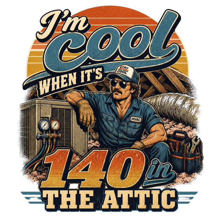 I'm cool when it's 140 in the attic — hvactech trade t-shirt design by Bazzai Studio