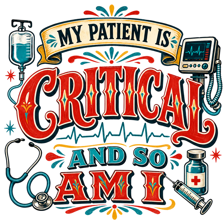 My patient is critical and so am I — icu nurse humor t-shirt design by Bazzai Studio