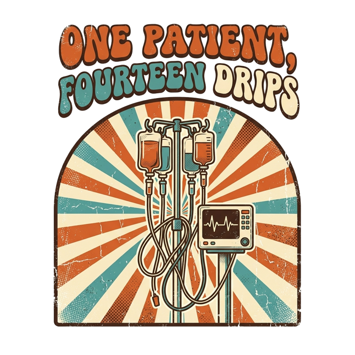 ONE PATIENT, FOURTEEN DRIPS — icunurse t-shirt design by Bazzai Studio